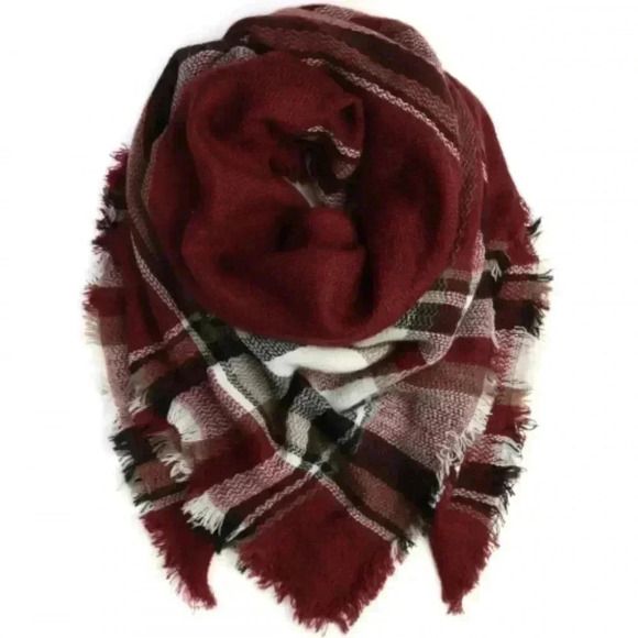 BURGUNDY BLANKET FRINGED SCARF - Picture 1 of 2